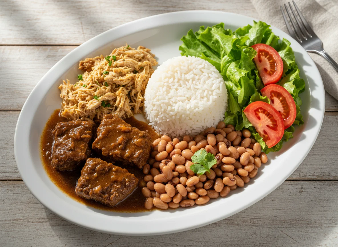 Prato feito com carne, frango, arroz, feijão e salada photo