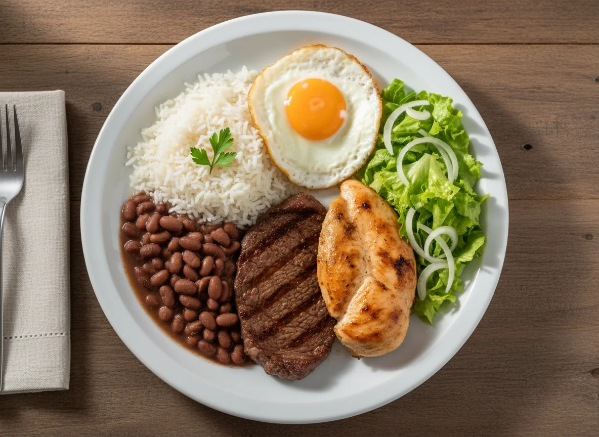 Prato feito com carne, frango, arroz, feijão, salada e ovo photo