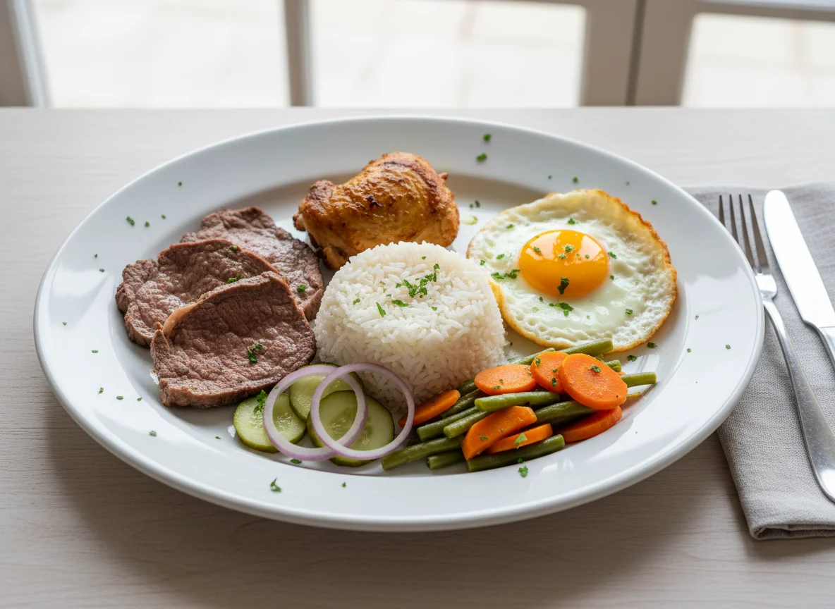 Prato feito com carne, frango, arroz, legumes e ovo photo