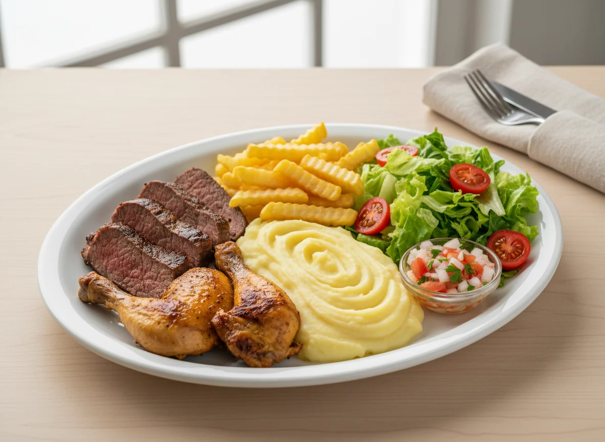 Prato feito com carne, frango, batata, salada e batata frita photo