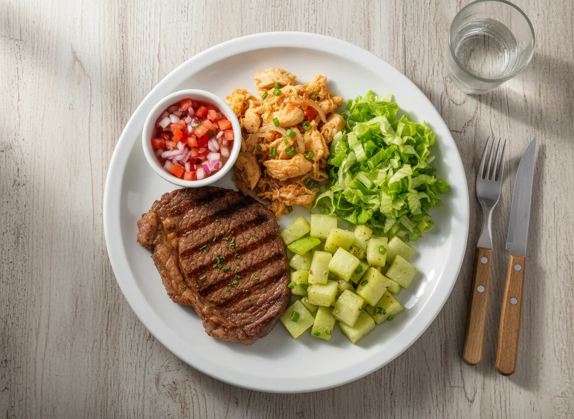 Prato feito com carne, frango, chuchu e saladas photo