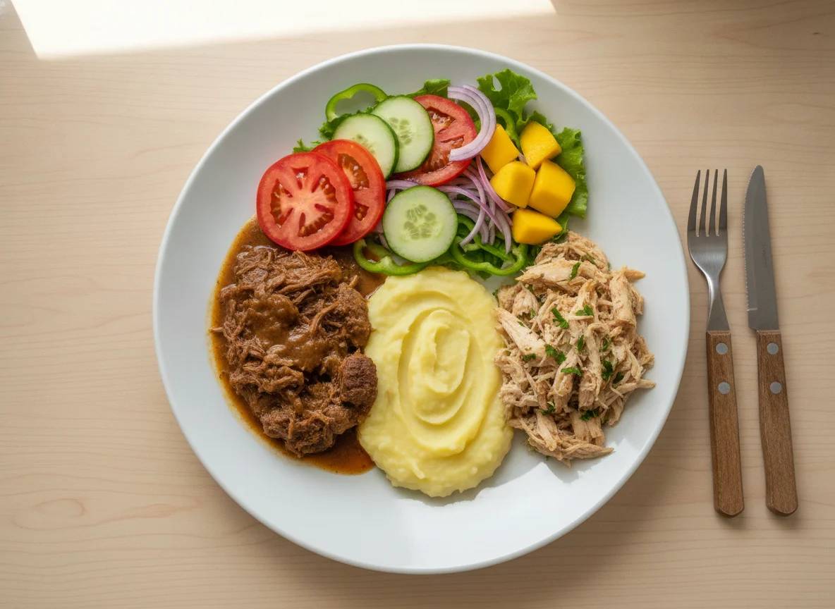 Prato Feito com Carne, Frango Desfiado e Salada photo
