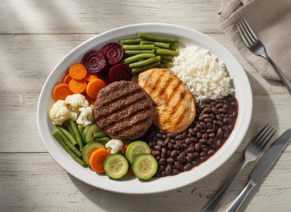 Prato feito com carne, frango e vegetais photo