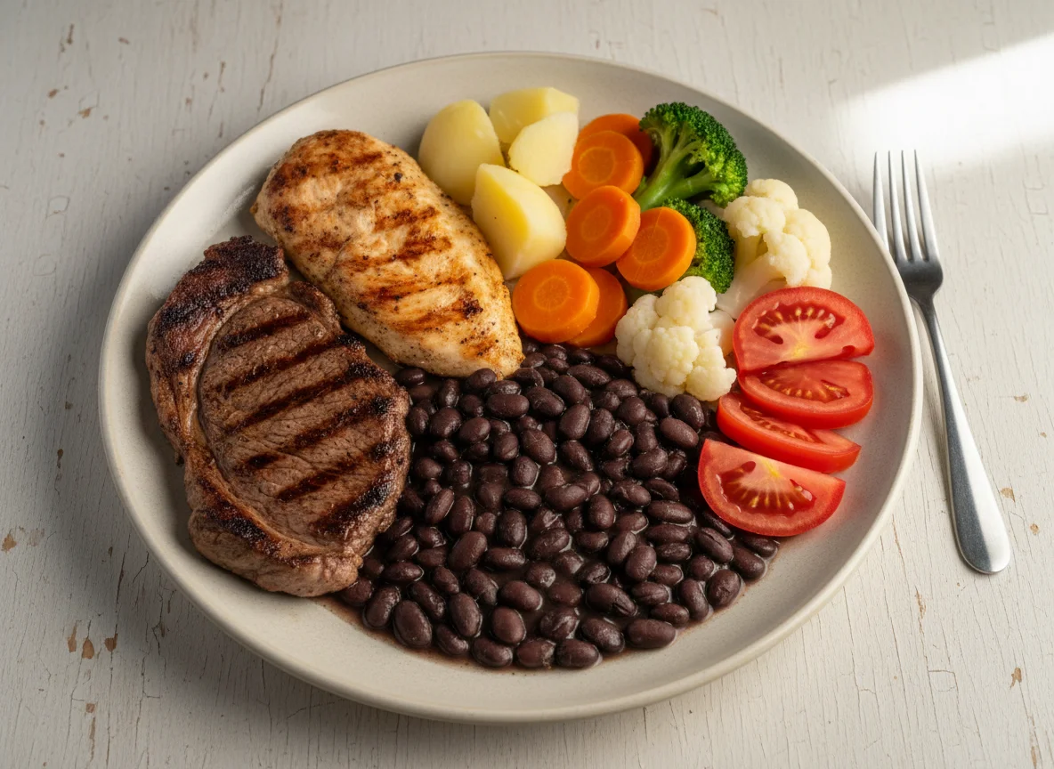 Prato feito com carne, frango, feijão e legumes photo