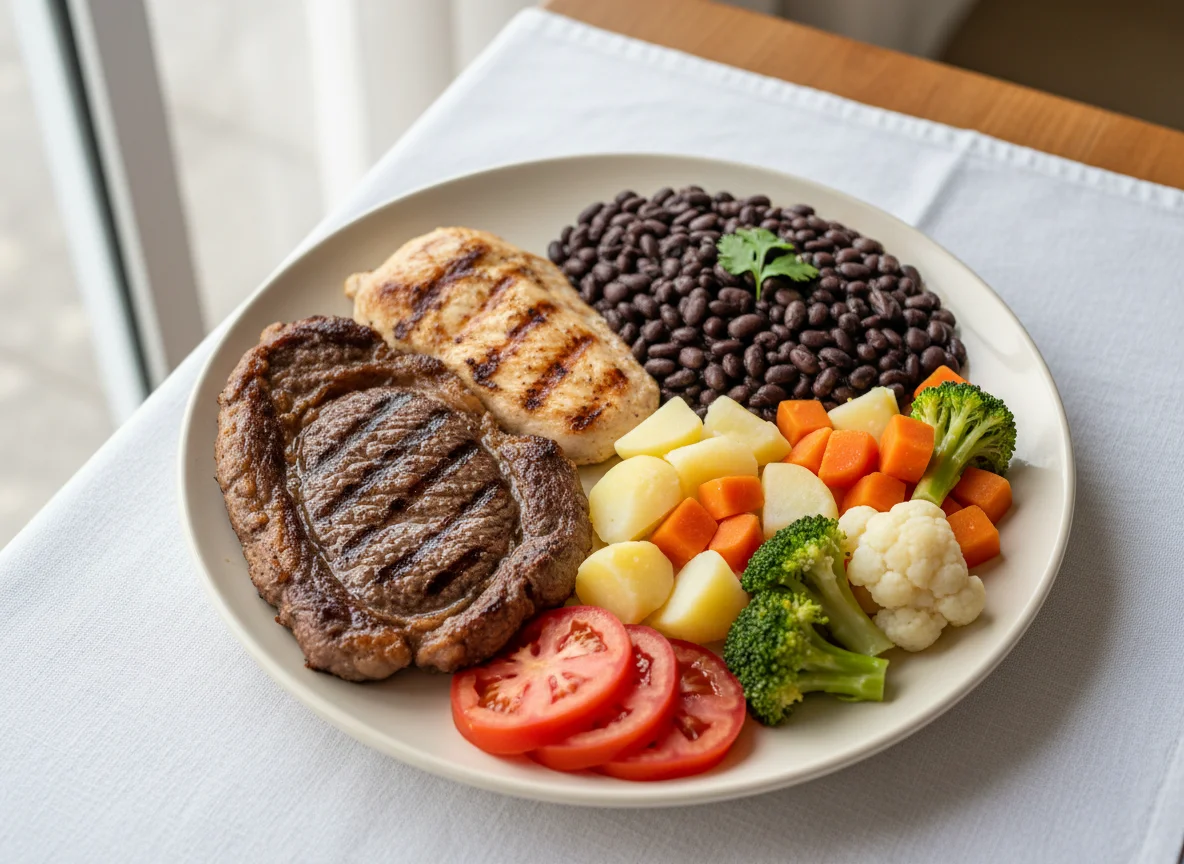 Prato feito com carne, frango, feijão e vegetais photo