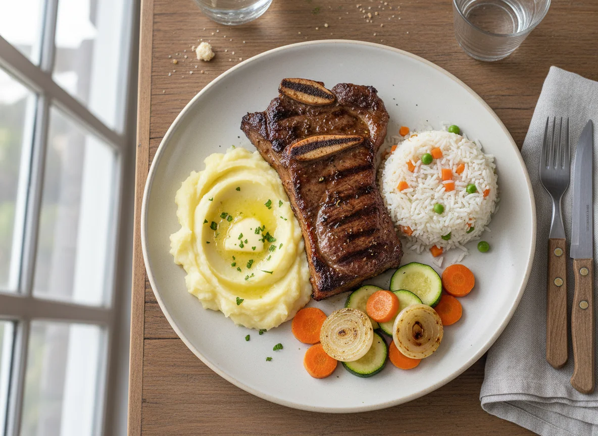 Prato feito com carne grelhada, arroz, purê e legumes photo