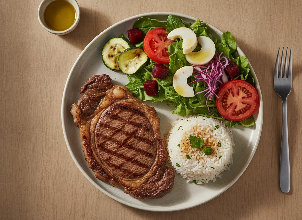 Prato feito com carne grelhada, arroz temperado e salada photo