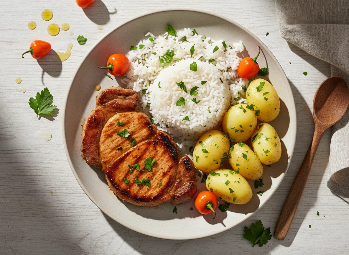 Prato feito com carne grelhada, batatas e arroz photo