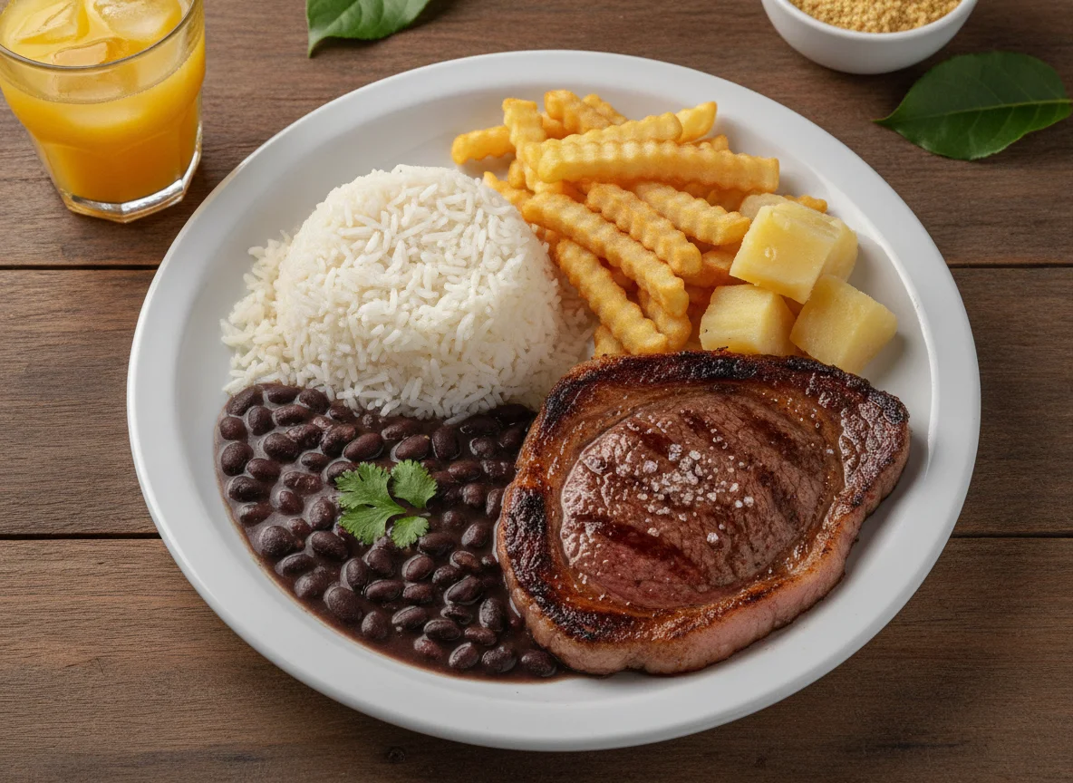 Prato feito com carne grelhada, feijão preto, arroz, batata frita e mandioca photo