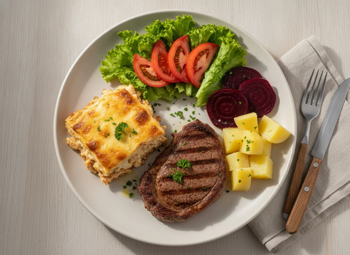 Prato Feito com Carne Grelhada, Lasanha, Beterraba e Salada photo