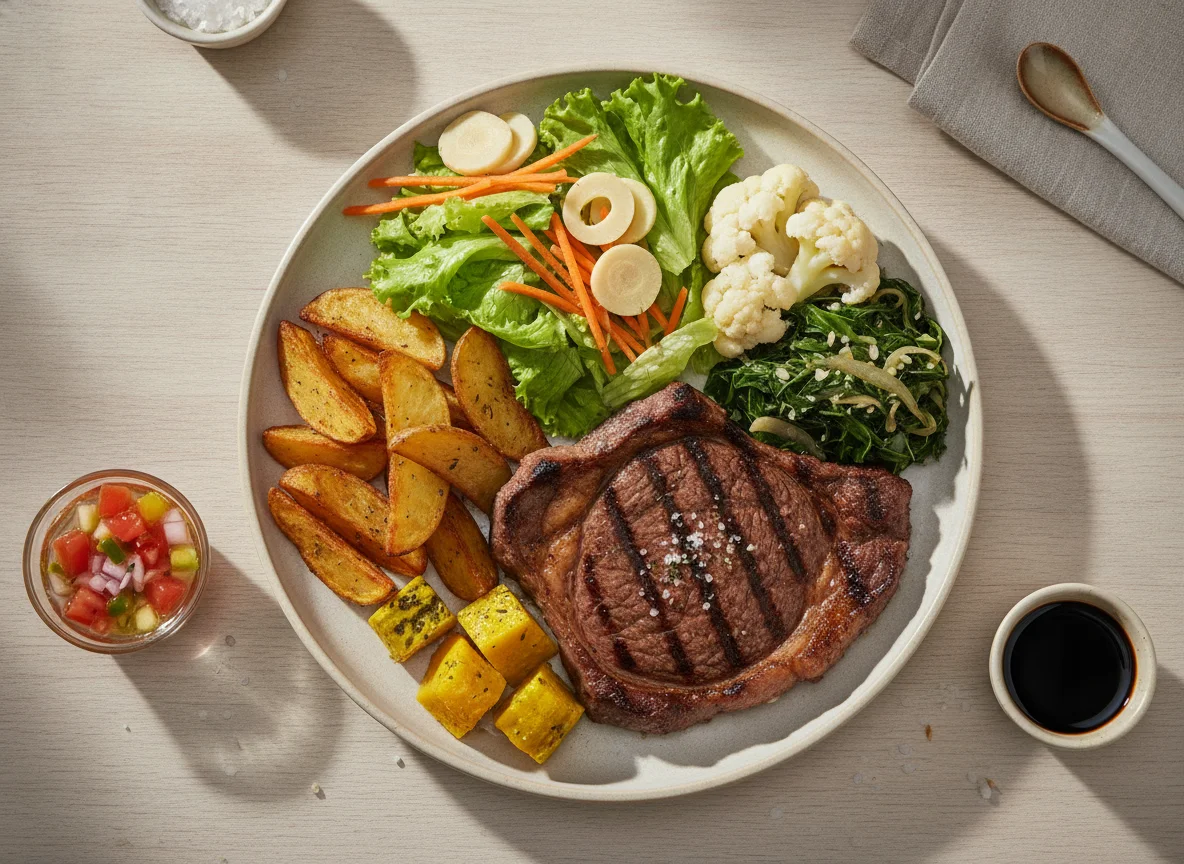 Prato feito com carne grelhada, salada e legumes photo