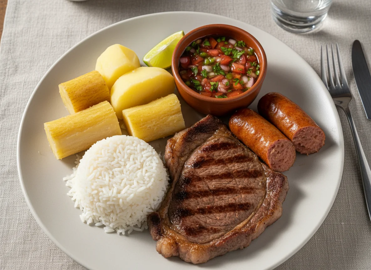 Prato feito com carne, linguiça, batata, mandioca e vinagrete photo