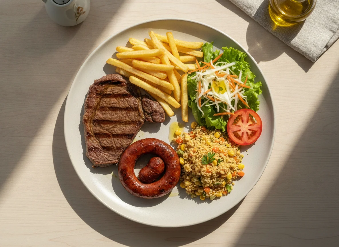 Prato Feito com Carne, Linguiça, Farofa e Salada photo