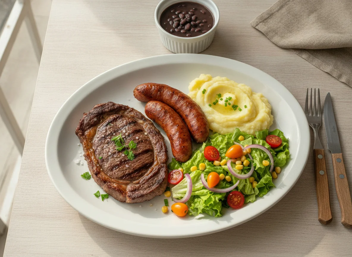 Prato feito com carne, linguiça, purê de batata e salada photo