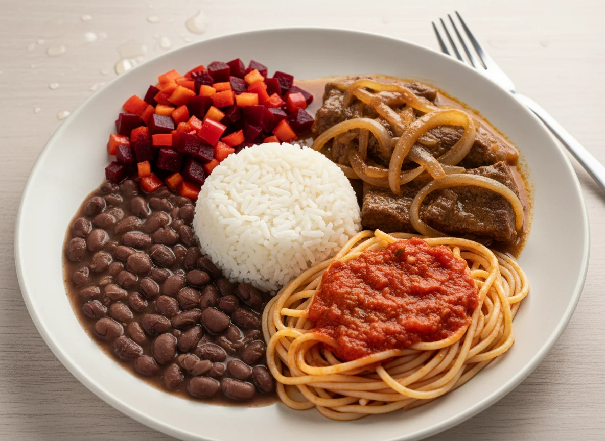 Prato feito com carne, macarrão, arroz, feijão e salada photo