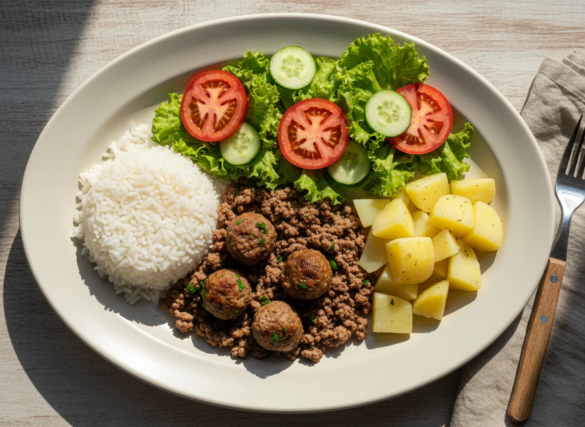 Prato feito com carne moída, arroz, batata e salada photo