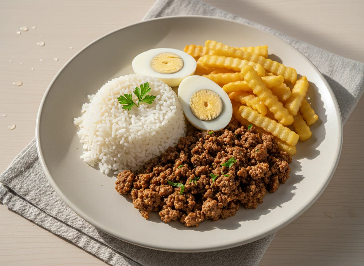 Prato feito com carne moída, arroz, batata frita e ovo cozido photo