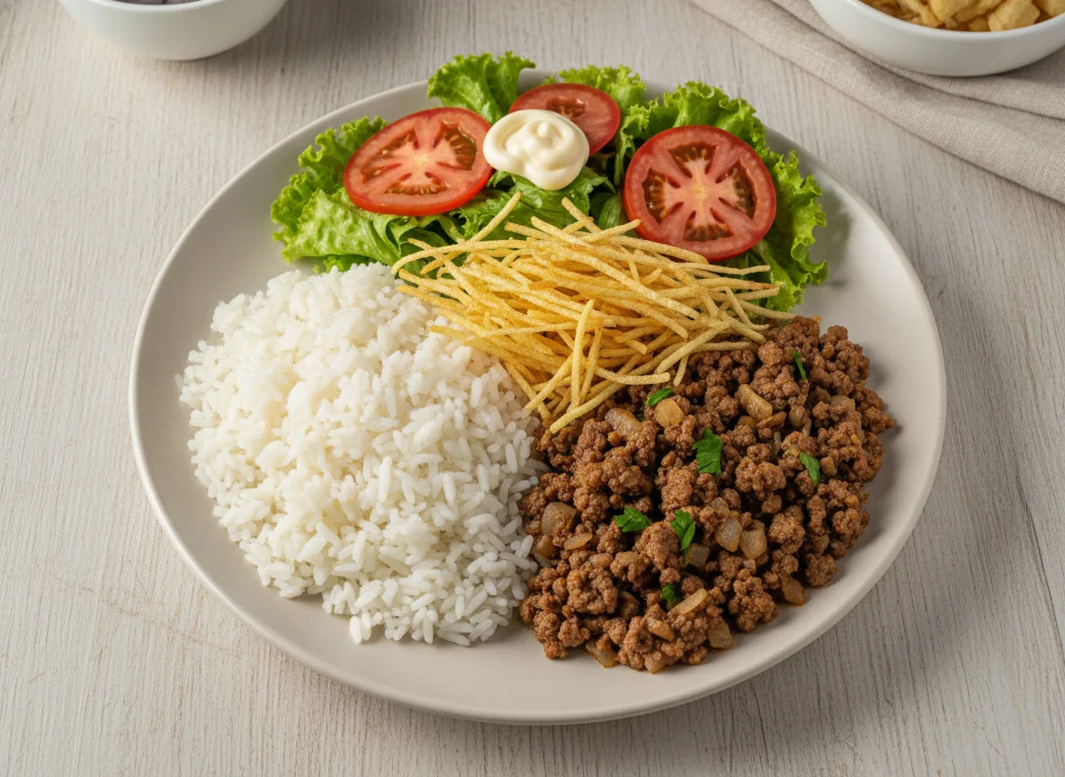 Prato feito com carne moída, arroz, batata palha e salada photo