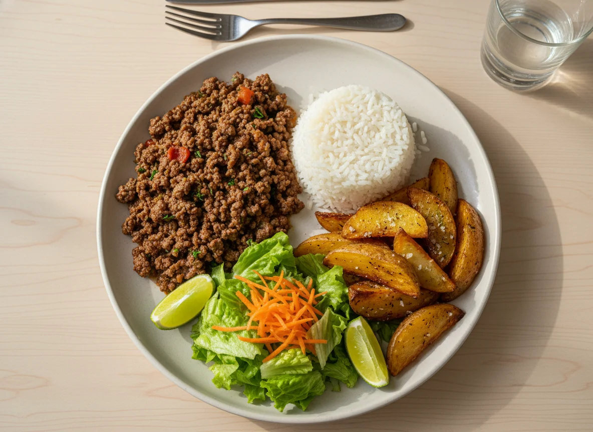 Prato feito com carne moída, arroz, batata rústica e salada photo