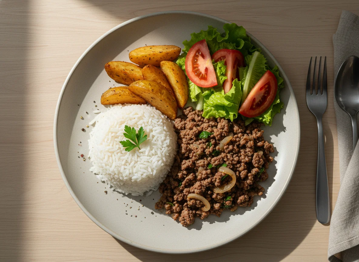 Prato feito com carne moída, arroz, batatas e salada photo