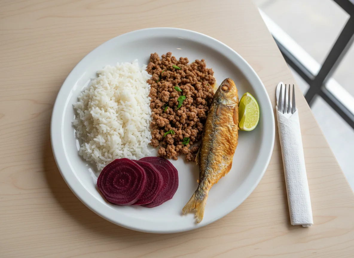 Prato feito com carne moída, arroz, beterraba e peixe frito photo