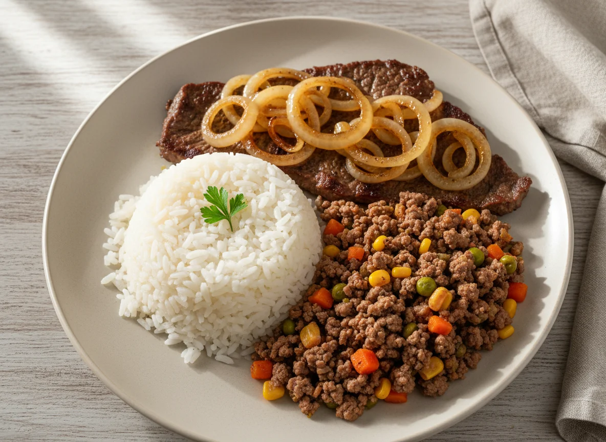 Prato feito com carne moída, arroz, bife e cebola caramelizada photo