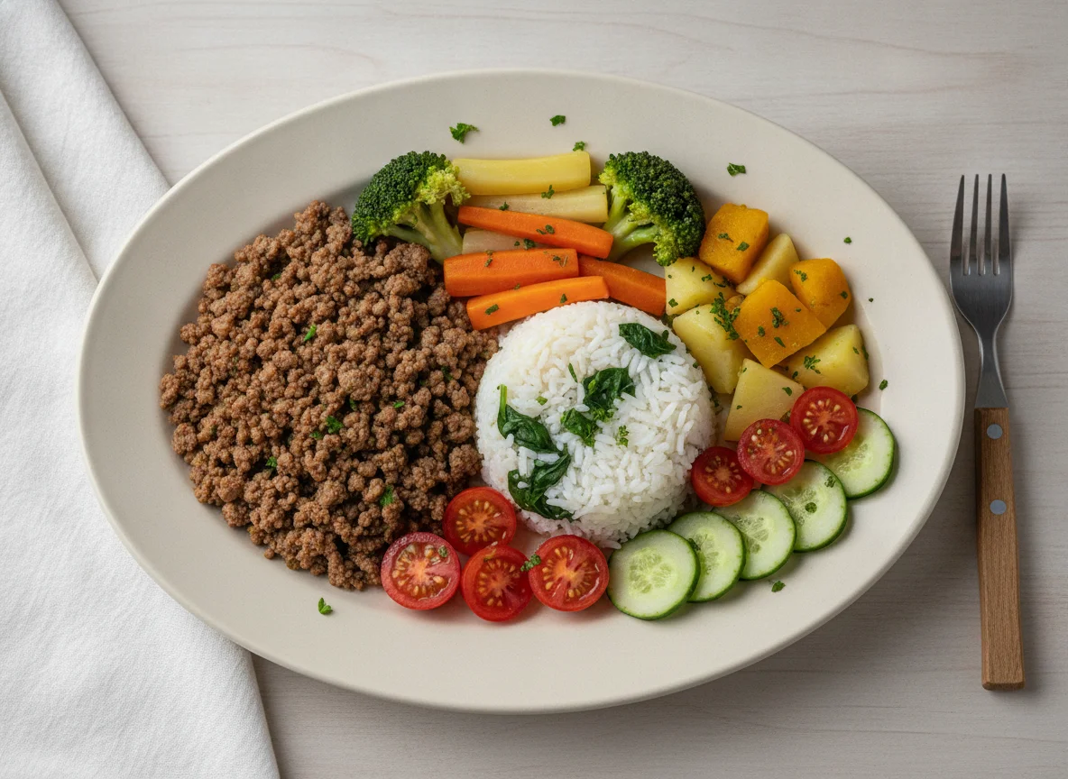 Prato feito com carne moída, arroz com espinafre e legumes variados photo