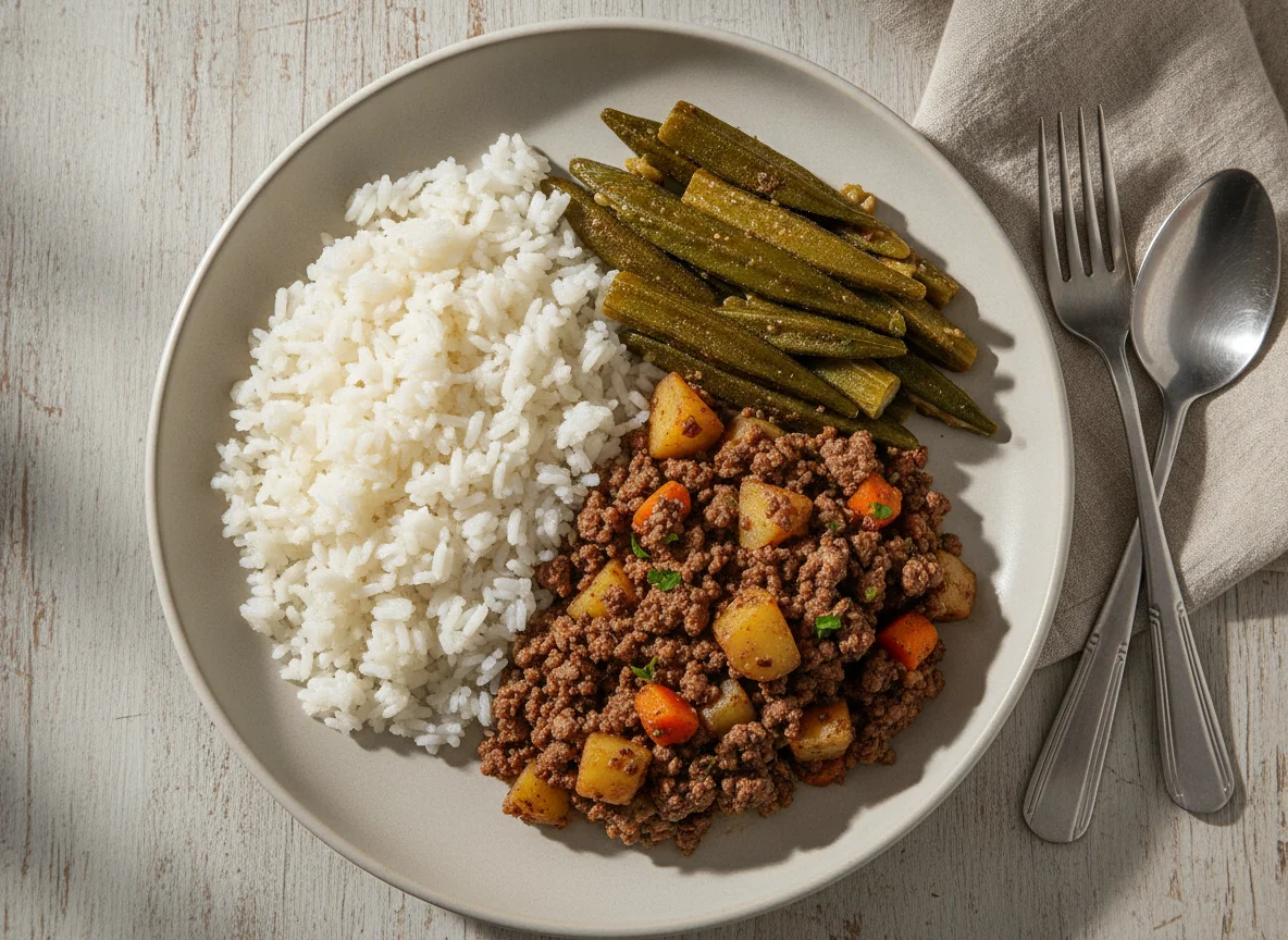 Prato feito com carne moída, arroz e quiabo photo