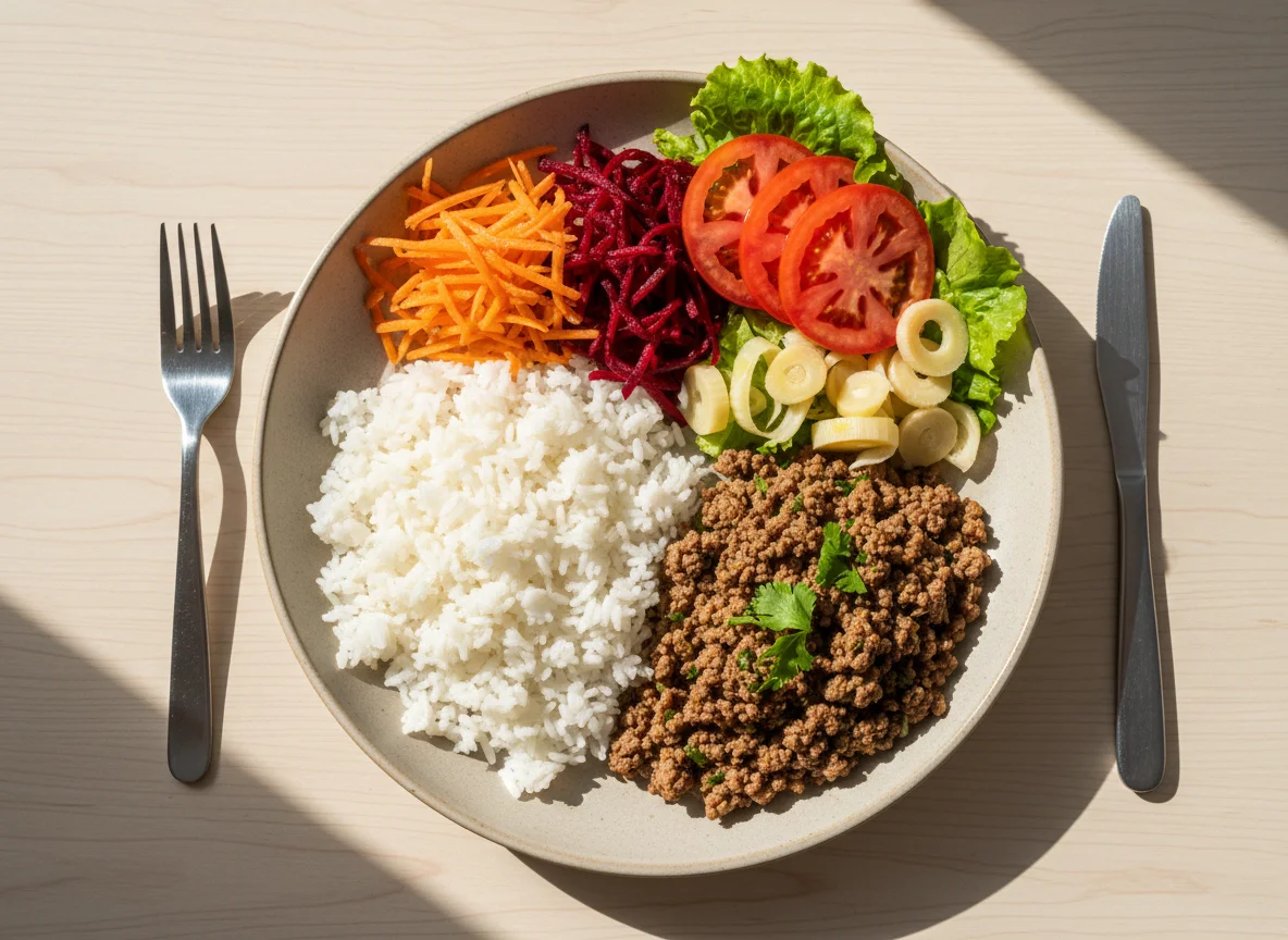 Prato feito com carne moída, arroz e salada photo