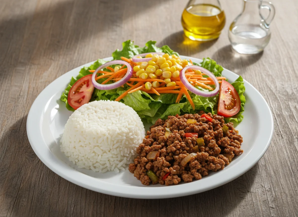 Prato feito com carne moída, arroz e salada mista photo