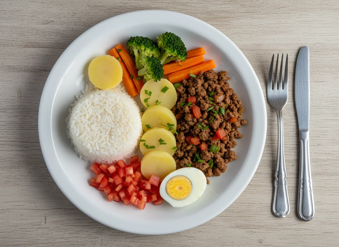 Prato feito com carne moída, arroz e vegetais photo