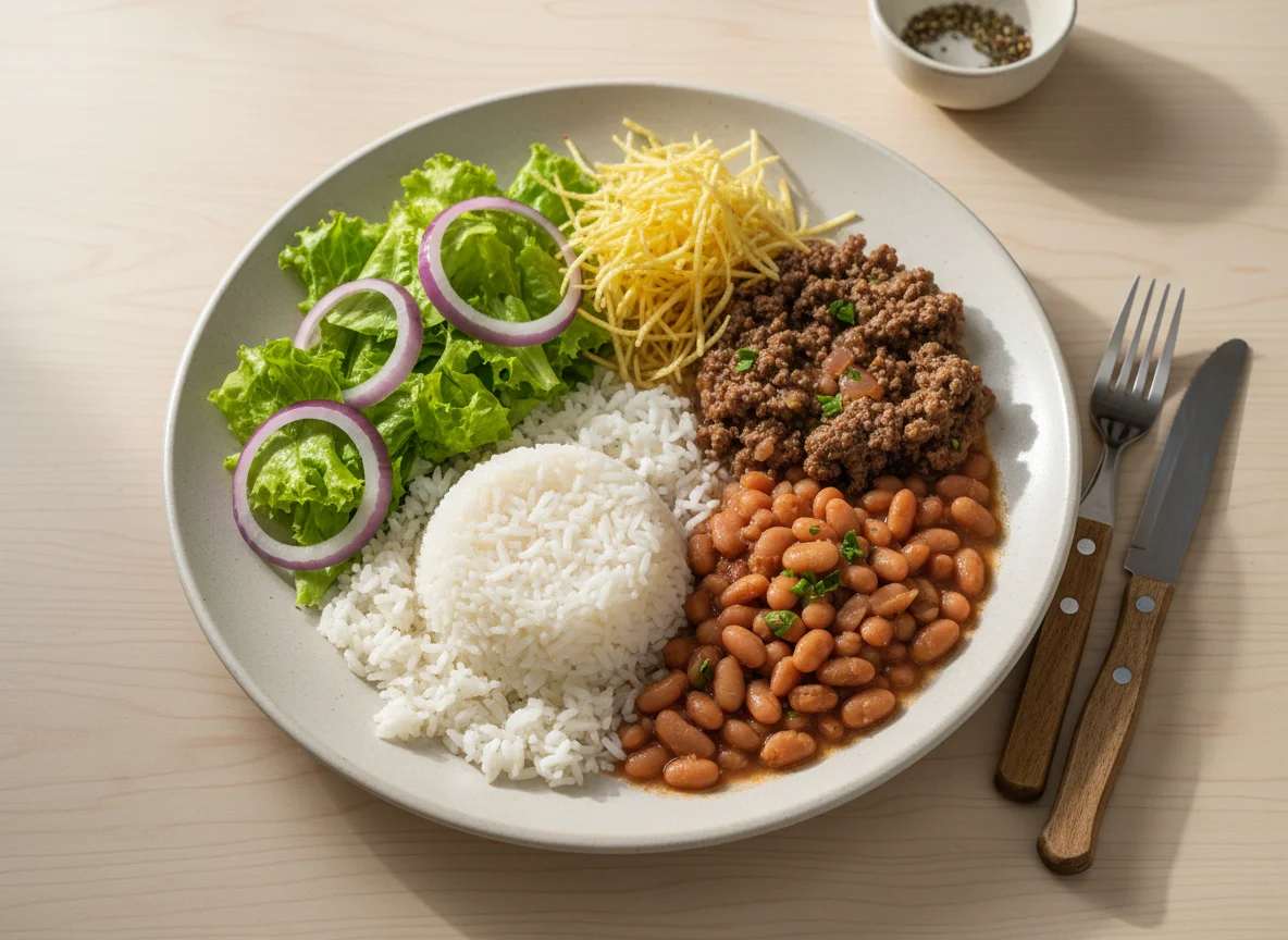 Prato feito com carne moída, arroz, feijão, batata palha e salada photo