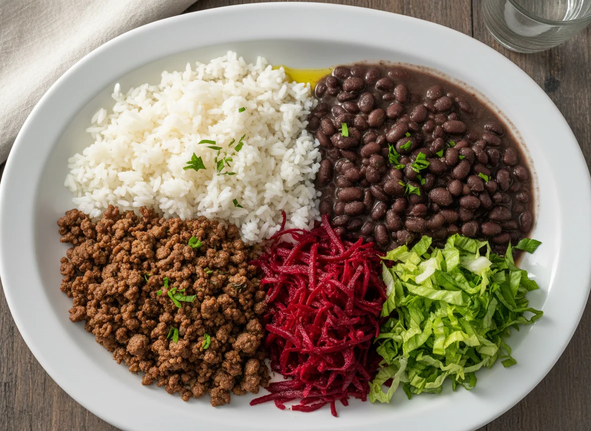 Prato feito com carne moída, arroz, feijão, beterraba e alface photo