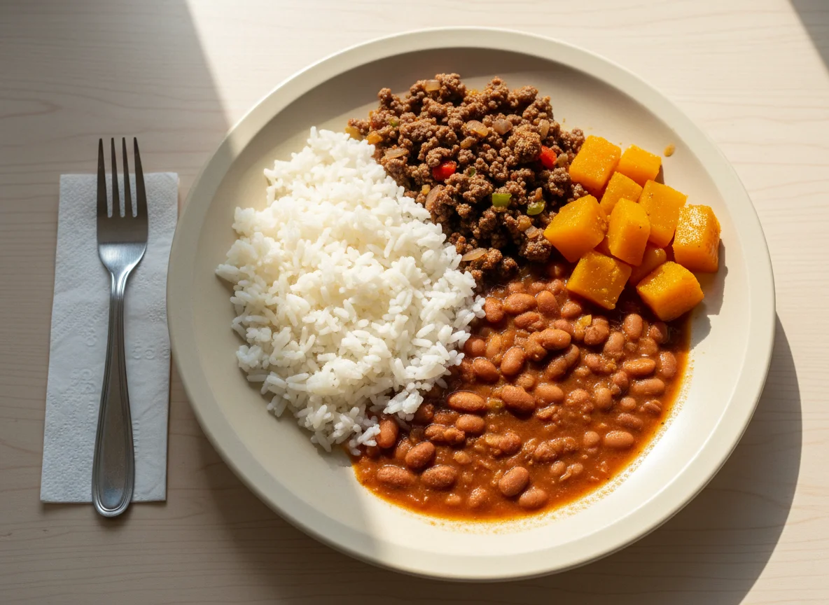 Prato feito com carne moída, arroz, feijão e abóbora photo