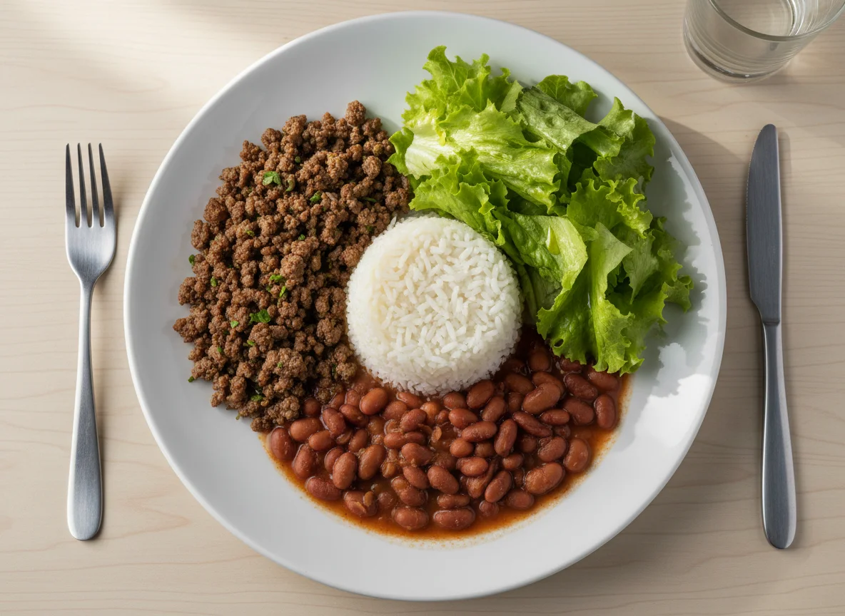 Prato feito com carne moída, arroz, feijão e alface photo