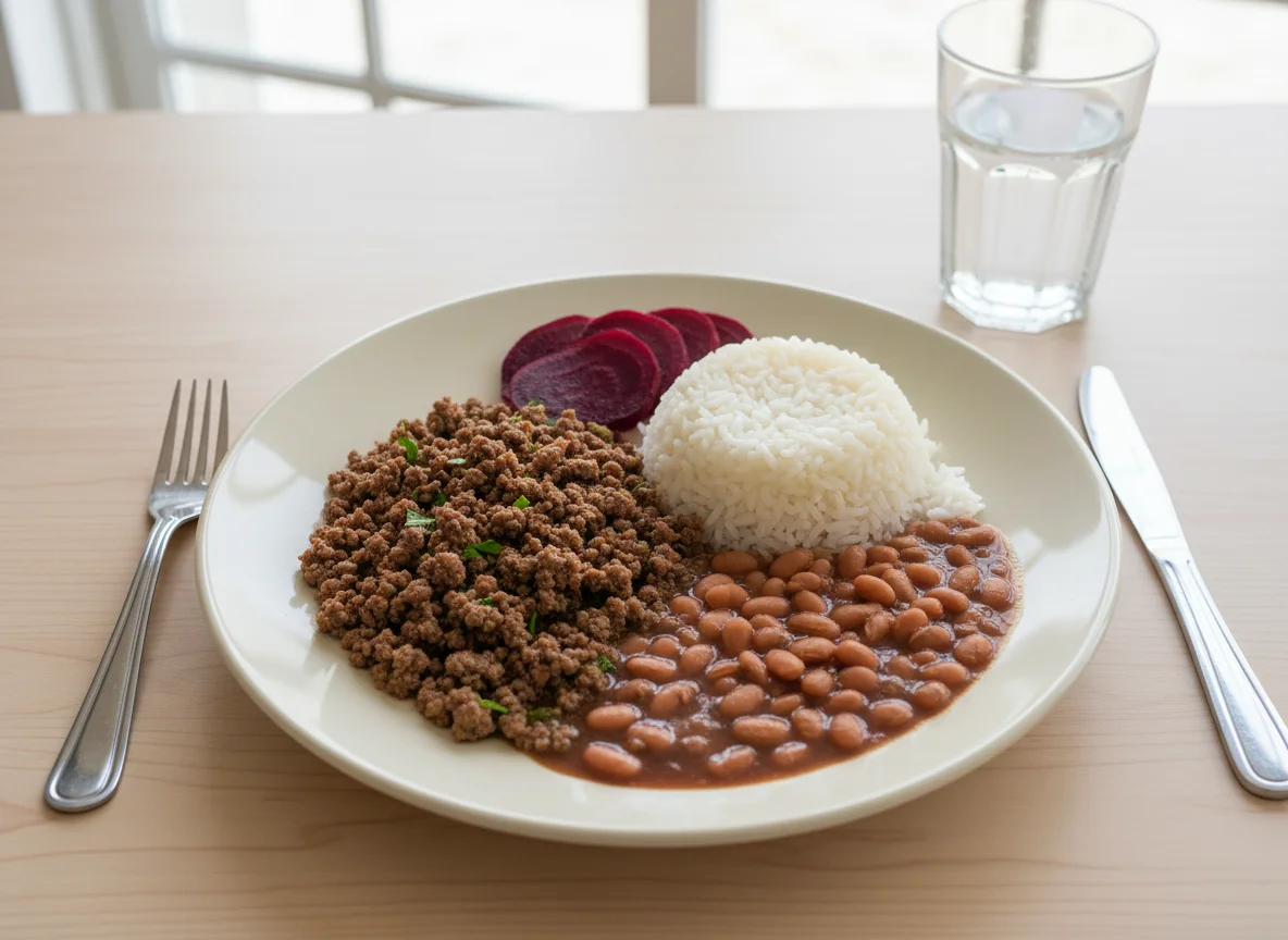 Prato feito com carne moída, arroz, feijão e beterraba photo
