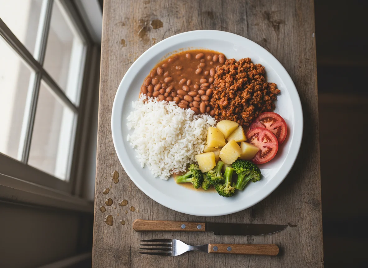 Prato feito com carne moída, arroz, feijão e legumes photo