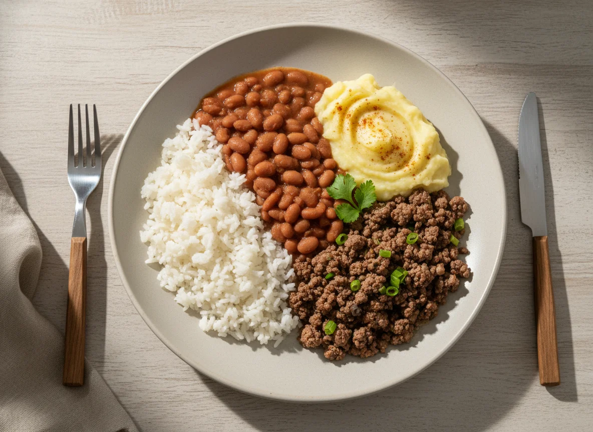 Prato feito com carne moída, arroz, feijão e purê de batata photo
