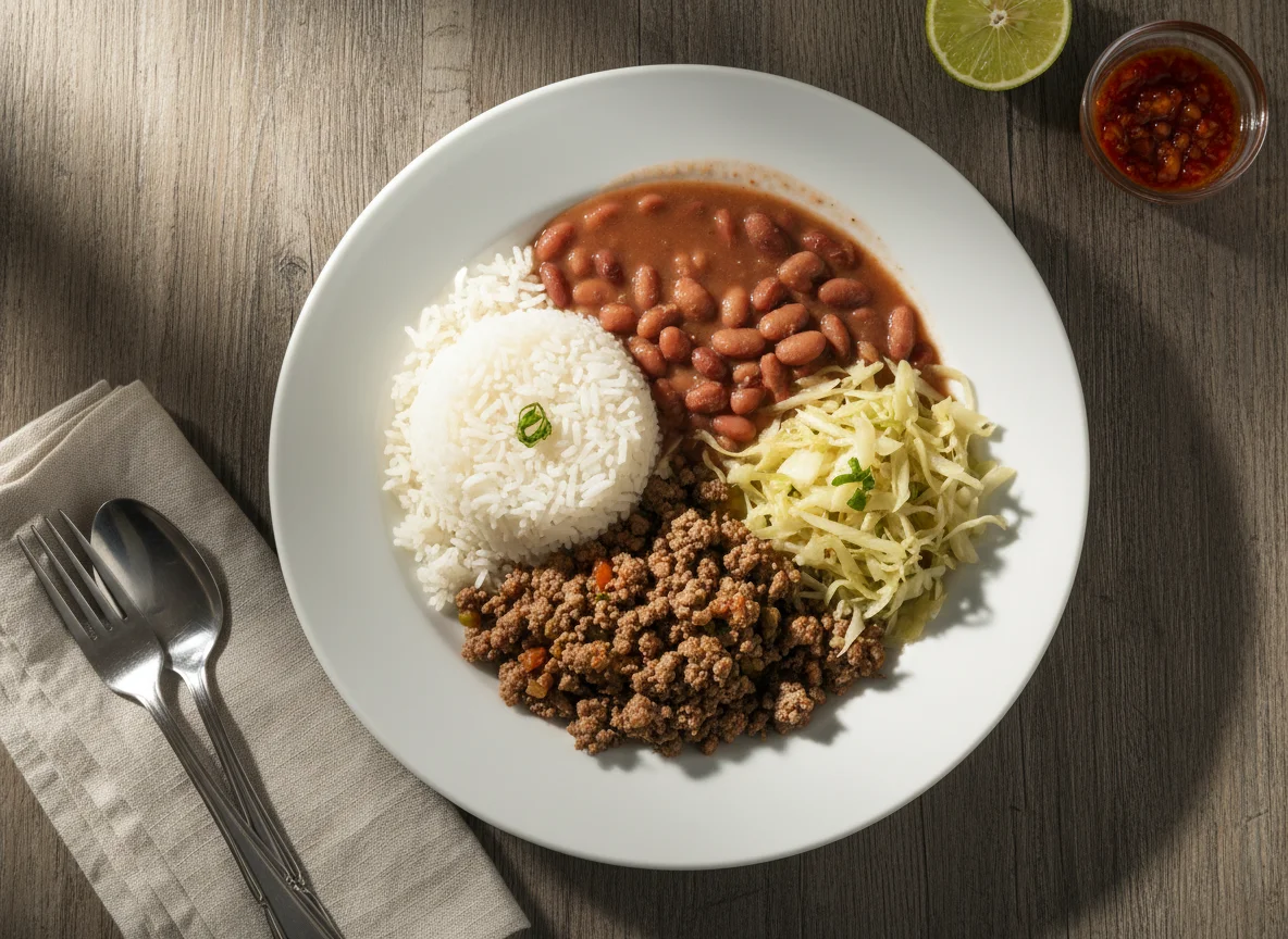 Prato feito com carne moída, arroz, feijão e repolho refogado photo