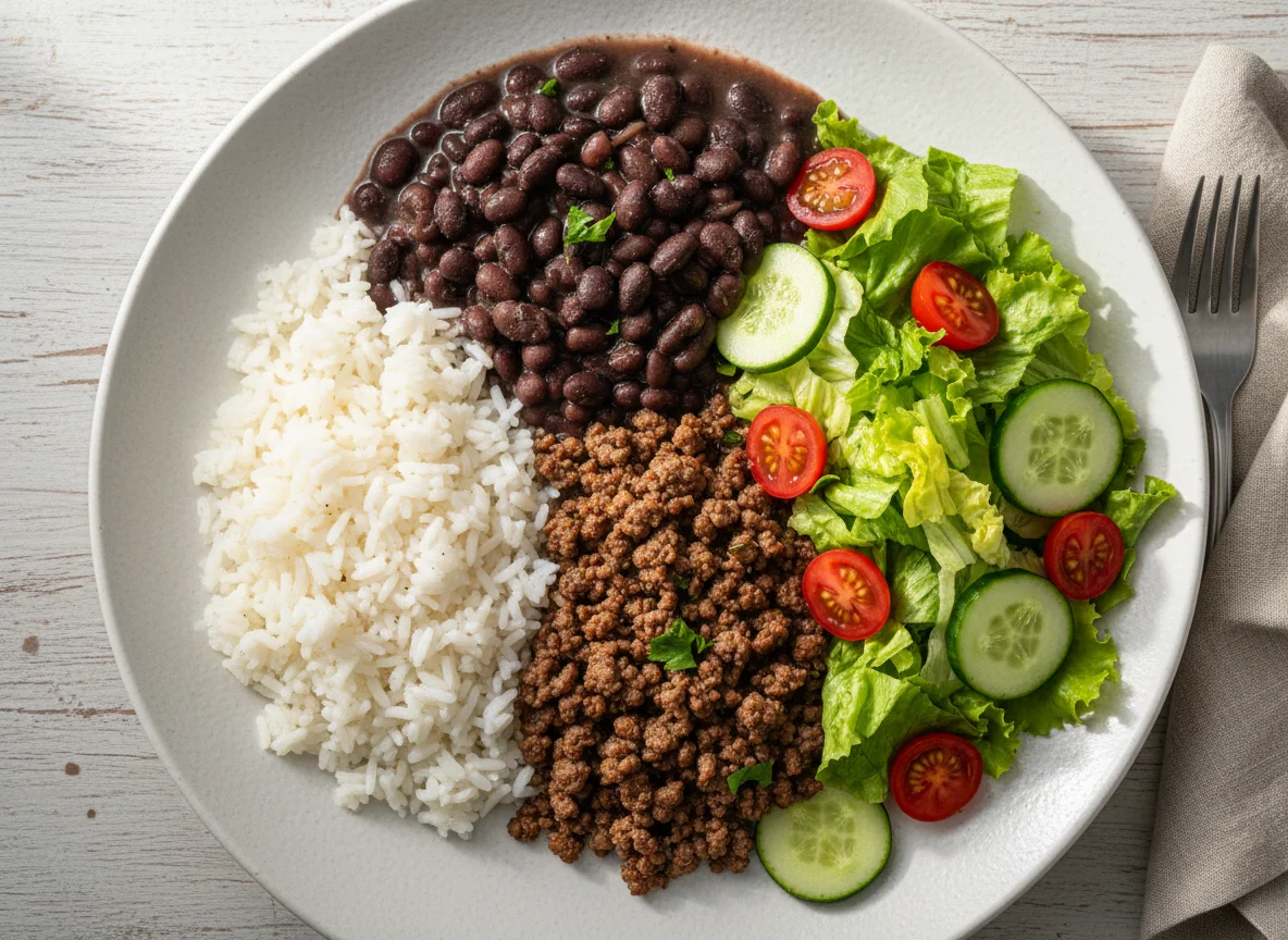 Prato feito com carne moída, arroz, feijão e salada photo