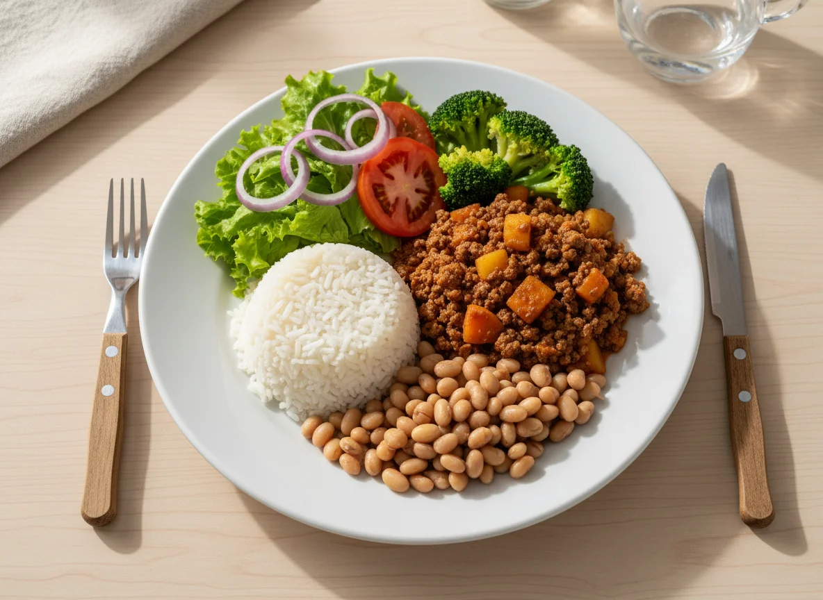 Prato feito com carne moída, arroz, feijão fradinho, brócolis e salada photo