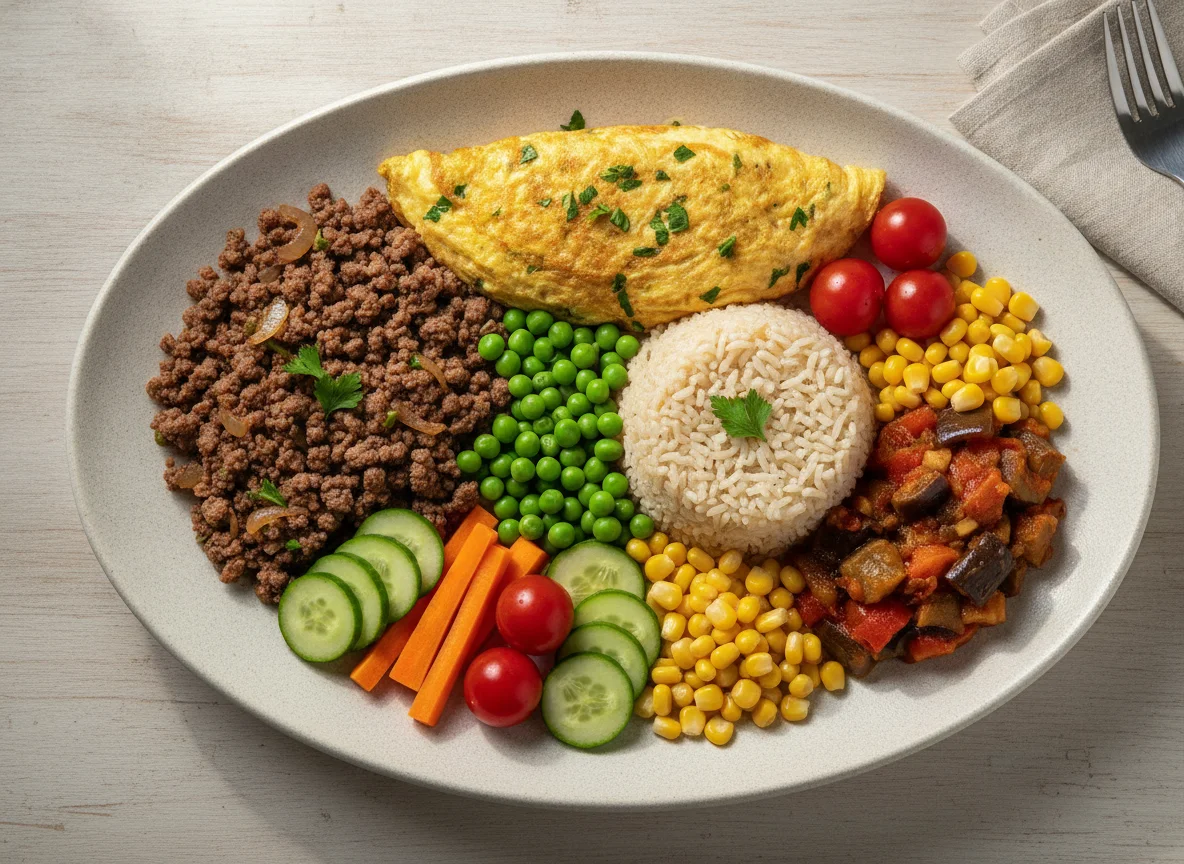 Prato feito com carne moída, arroz integral e vegetais photo