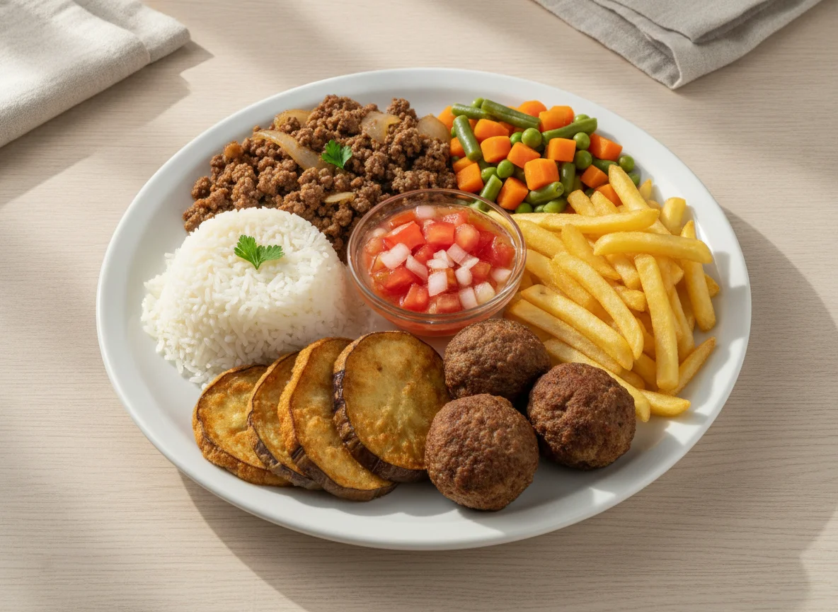 Prato feito com carne moída, arroz, legumes e batata frita photo