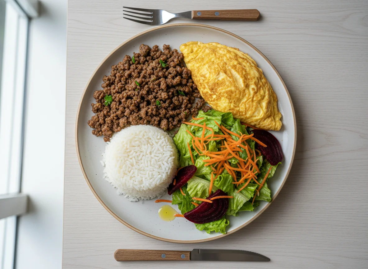 Prato feito com carne moída, arroz, omelete e salada photo