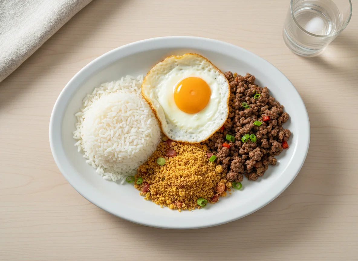 Prato feito com carne moída, arroz, ovo frito e farofa photo