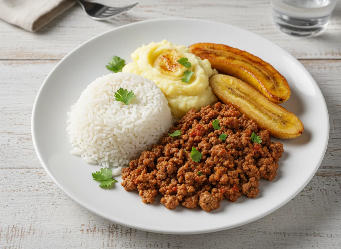 Prato feito com carne moída, arroz, purê de batata e banana photo