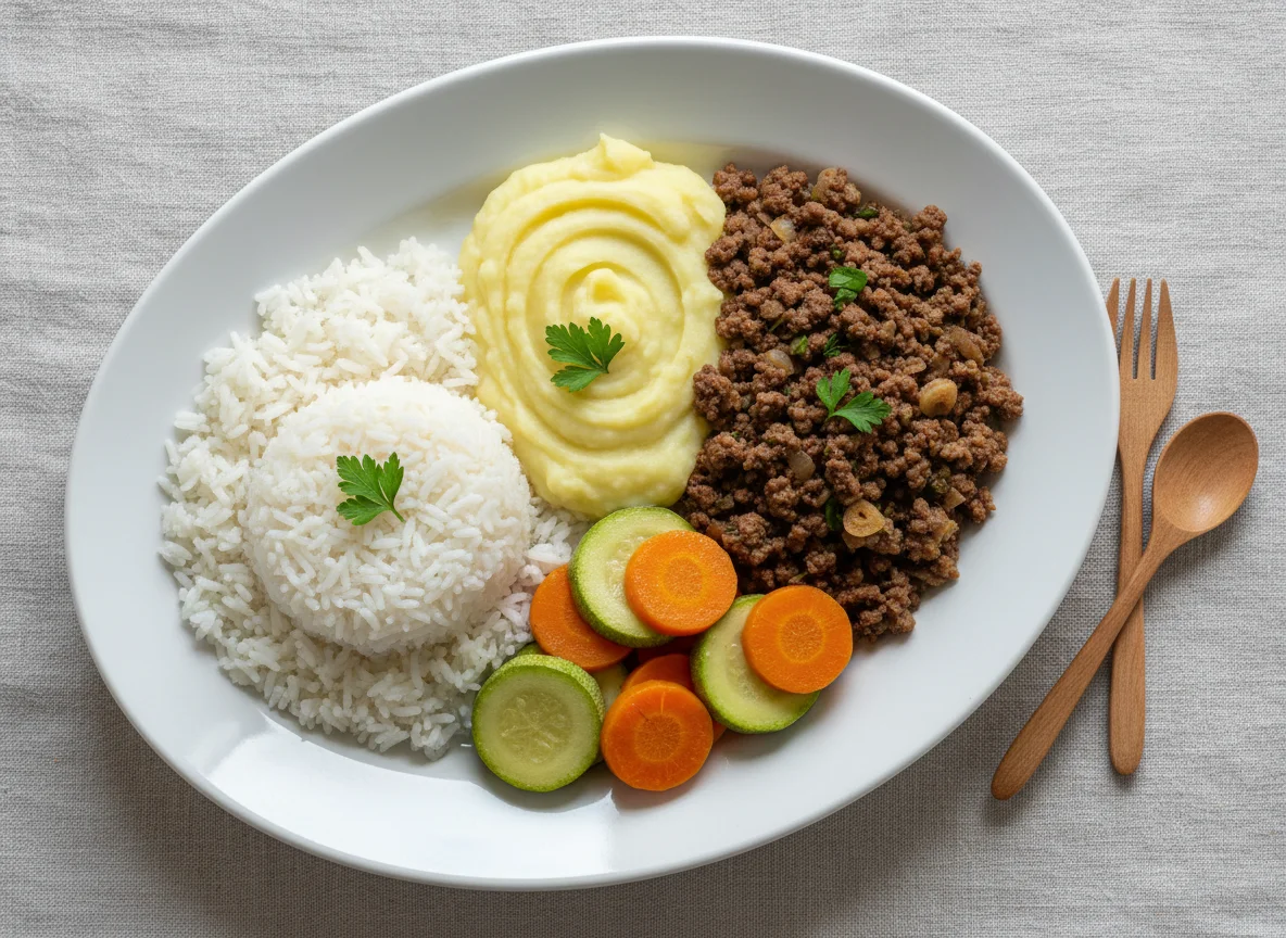 Prato feito com carne moída, arroz, purê e legumes photo