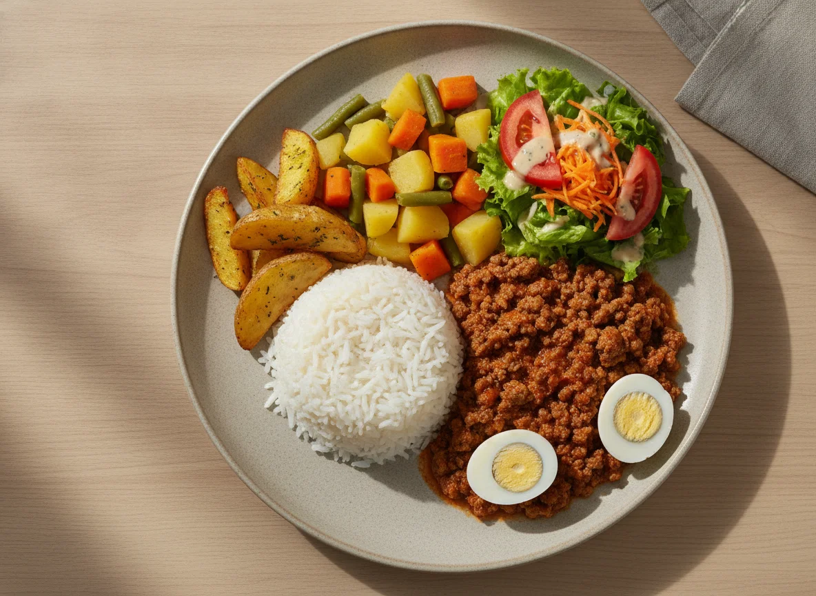 Prato feito com carne moída, arroz, salada e legumes photo