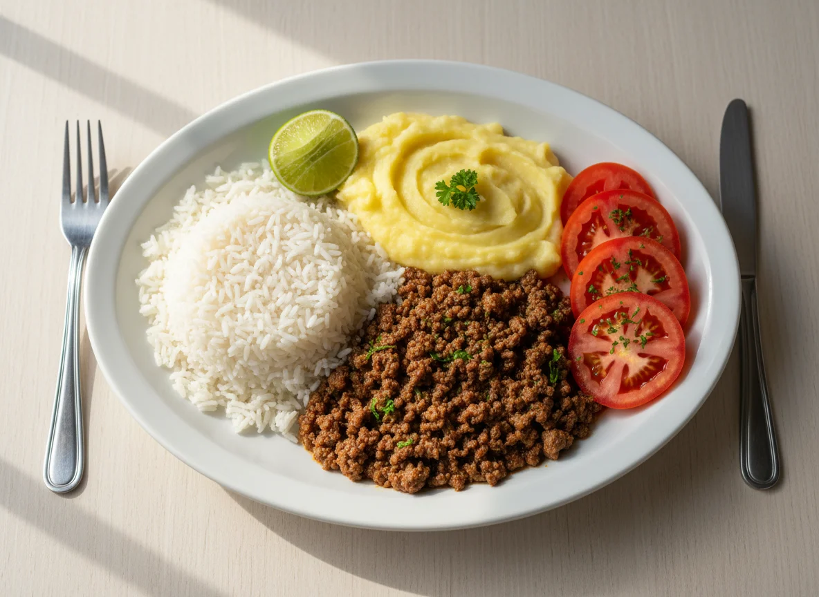 Prato feito com carne moída, arroz, tomate e purê de batata photo