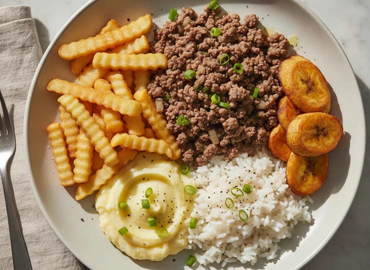 Prato Feito com Carne Moída, Batata Frita e Banana Frita photo